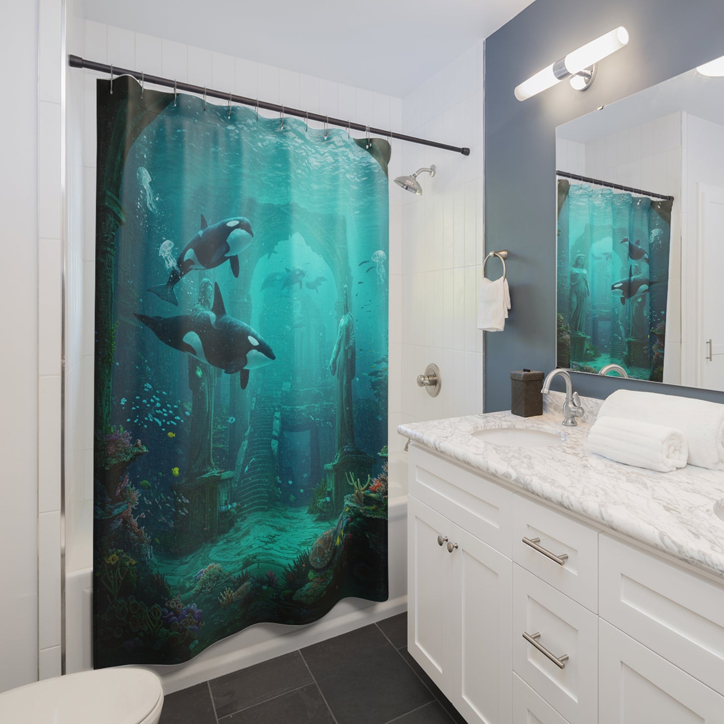 Atlantis Unleashed: Edgy Underwater City Shower Curtain