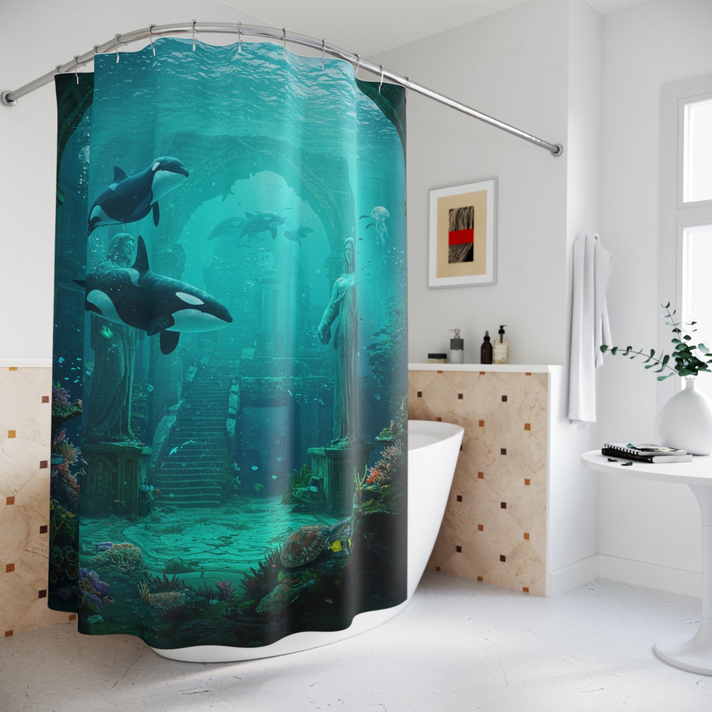 Atlantis Unleashed: Edgy Underwater City Shower Curtain