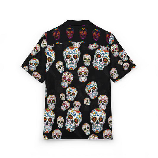 Colorful Skull Hawaiian Shirt, Unisex Button-Down, Day of the Dead Shirt, Vacation Wear, Summer Clothing, Festival Outfit