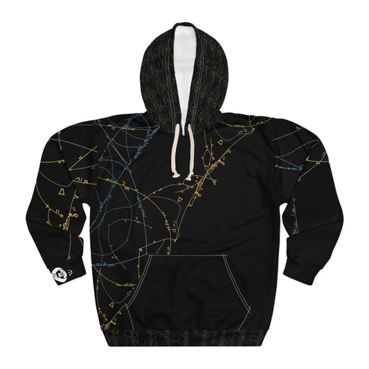 Black hoodie with geometric pattern on a white background