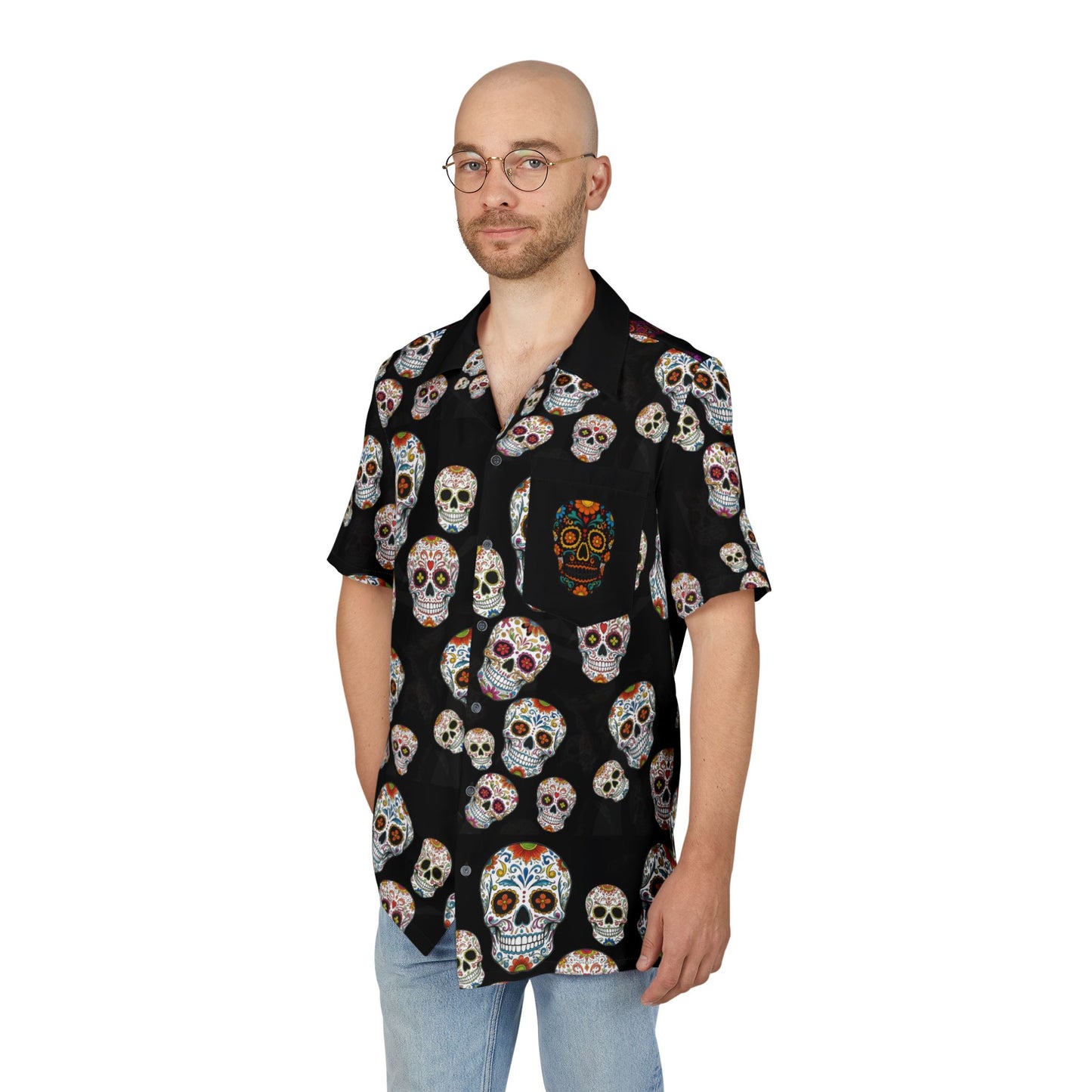 Colorful Skull Hawaiian Shirt, Unisex Button-Down, Day of the Dead Shirt, Vacation Wear, Summer Clothing, Festival Outfit