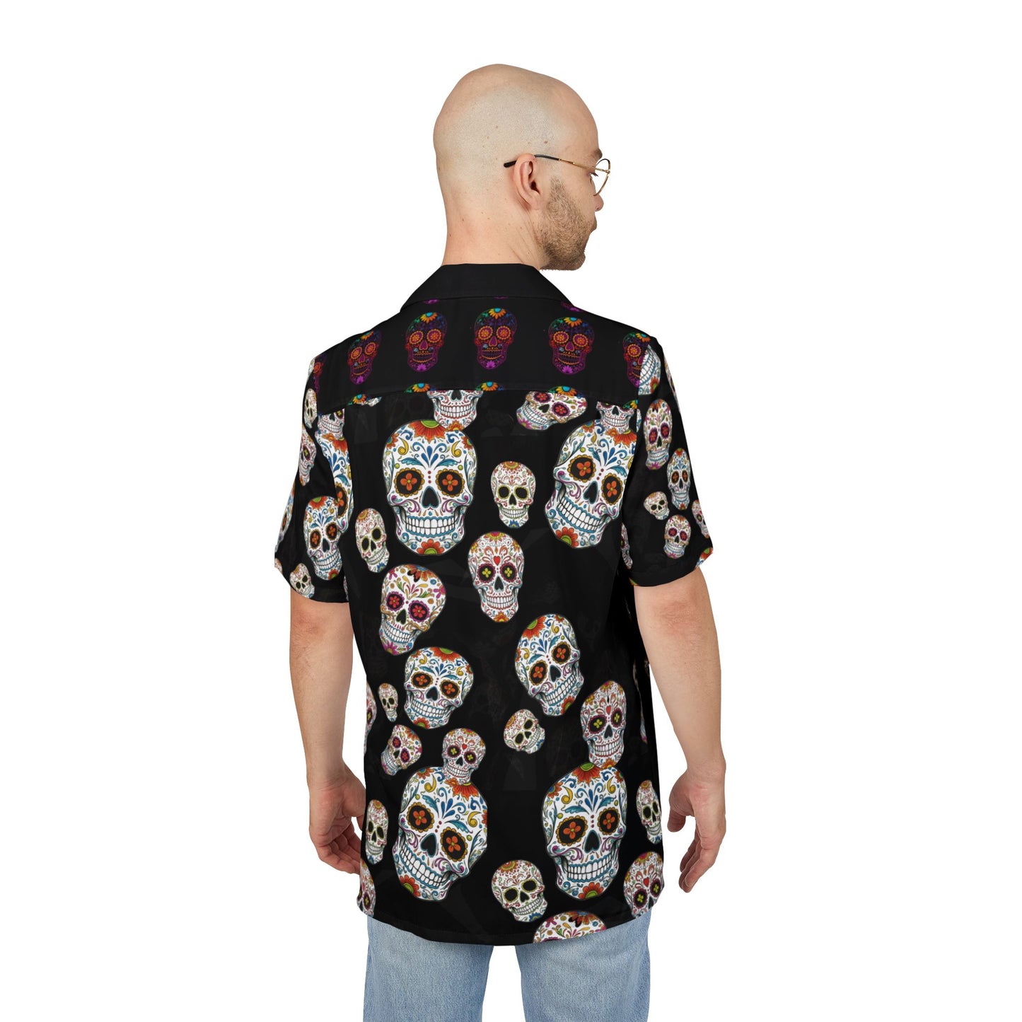 Colorful Skull Hawaiian Shirt, Unisex Button-Down, Day of the Dead Shirt, Vacation Wear, Summer Clothing, Festival Outfit